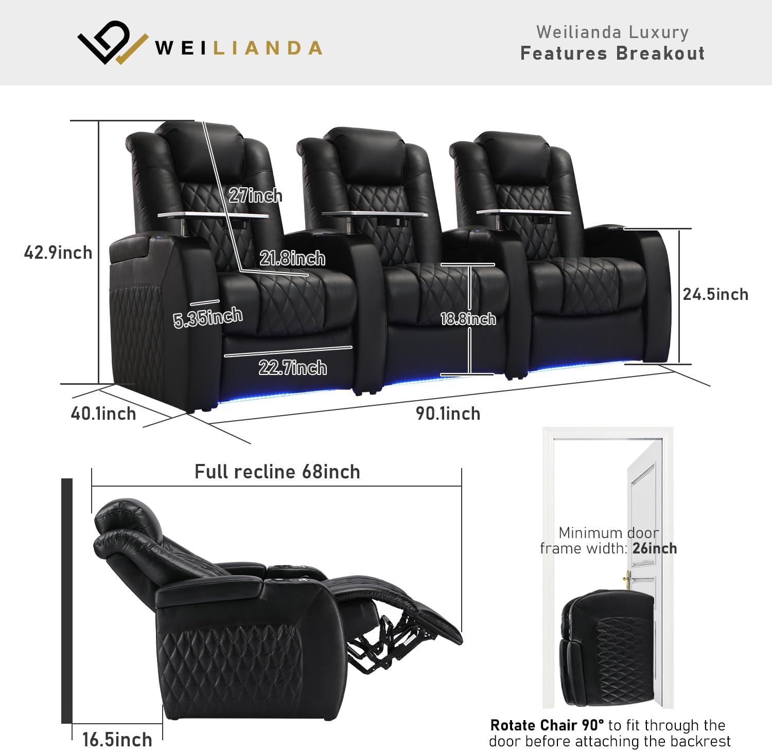 Weilianda Home Theater Seating Top Grain Leather Zero Gravity Recliner Chair Power Headrest Recline Movie Seat Gaming 7 Colors Mood Light Sofa with Tray Table USB Charge Row of 3 Black