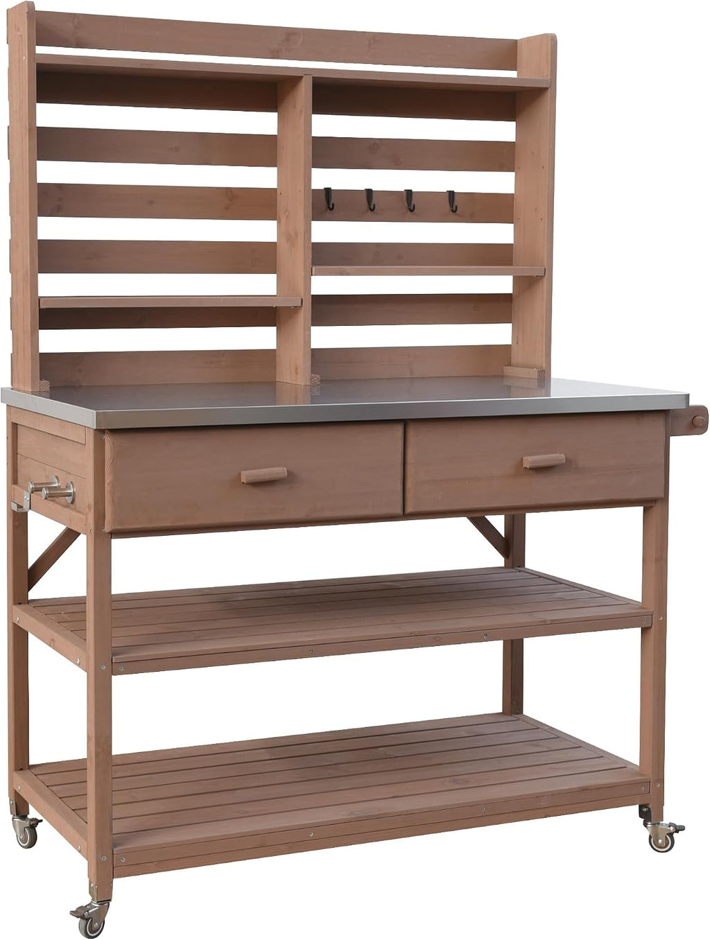 LUMISOL Outdoor Potting Bench Table with Upper Hutch, Solid Wood Outdoor Kitchen Island with Lockable Wheels & Stainless Steel Top, 64.9' H Rolling Grill Cart & Storage Cabinet with Towel Rack, Brown