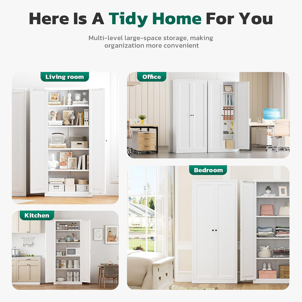 Greenvelly Metal Cabinet, 63' H White Metal Storage Cabinet with Doors and 4 Shelves, Pantry Storage Cabinet for Kitchen, Bedroom, Living Room, Office (Modern)