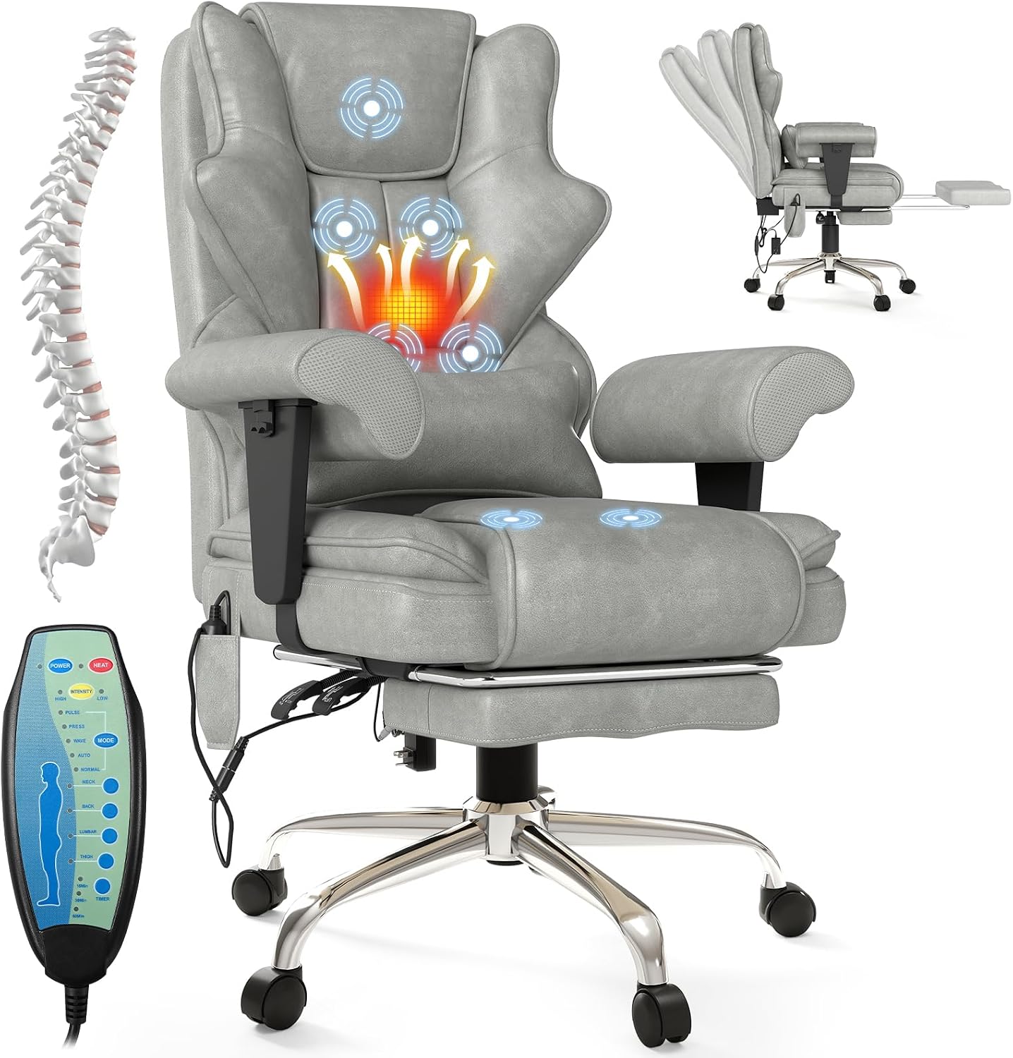7-Point Massage Office Chair,Heated Manageral Chair,Ergonomic Executive Chair with Footrest,Adjustable Armrest，Computer Chair for Offices, Study Areas, Gaming Spaces,Gray