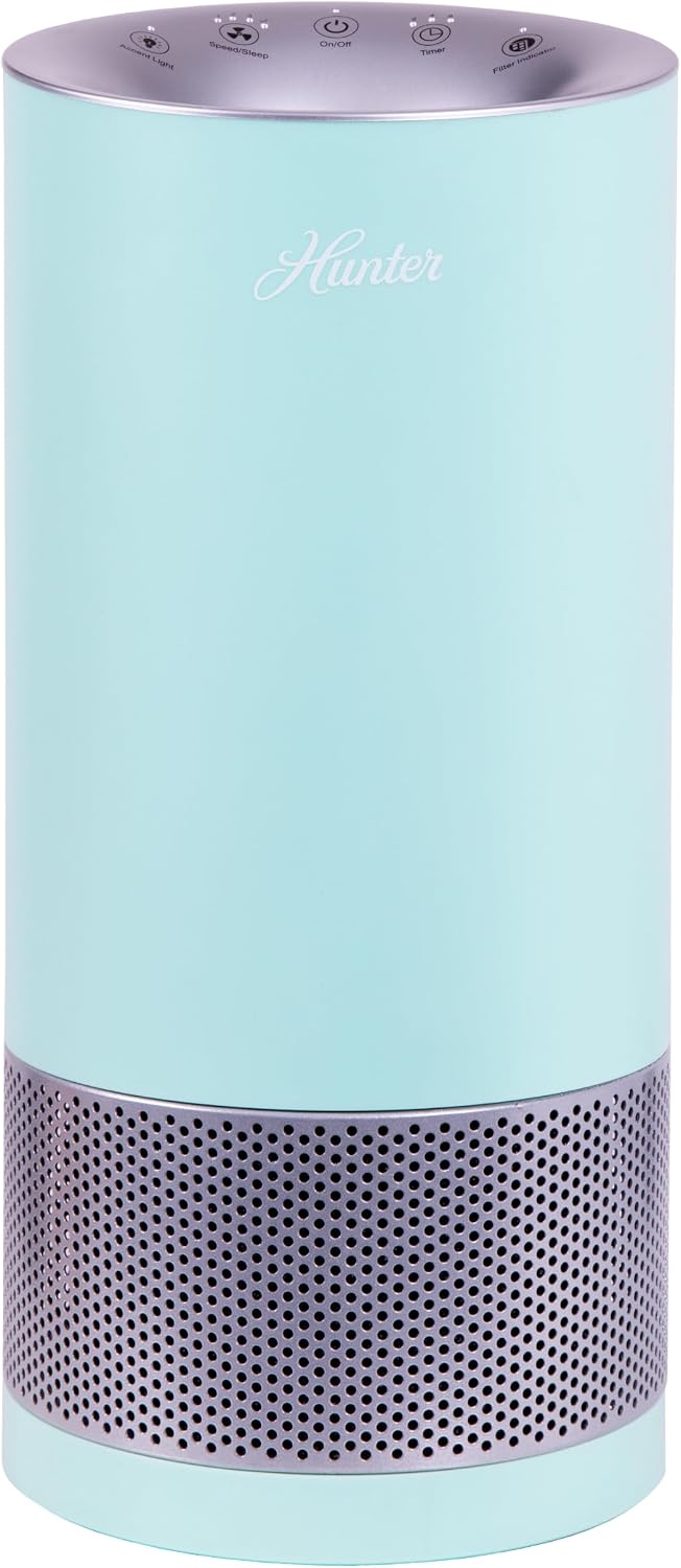 Hunter HP400 Round Air Purifiers for Home, True HEPA Air Purifier Tower for Pets, Odors, Allergens, Smoke, Dust, VOC's. HEPA Air Purifiers for Bedroom and Small Room, Aqua and Silver