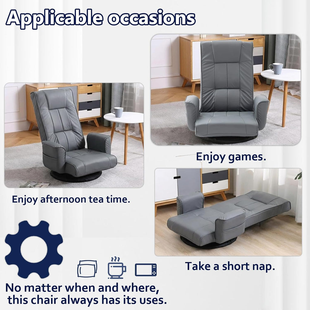 360 Degree Swivel Floor Chairs for Adults, Faux Leather Gaming Floor Chair with Back Support, 14 Angles Adjustable Comfortable Floor Lounge Chair Folding Video Game Chairs Office Bedroom