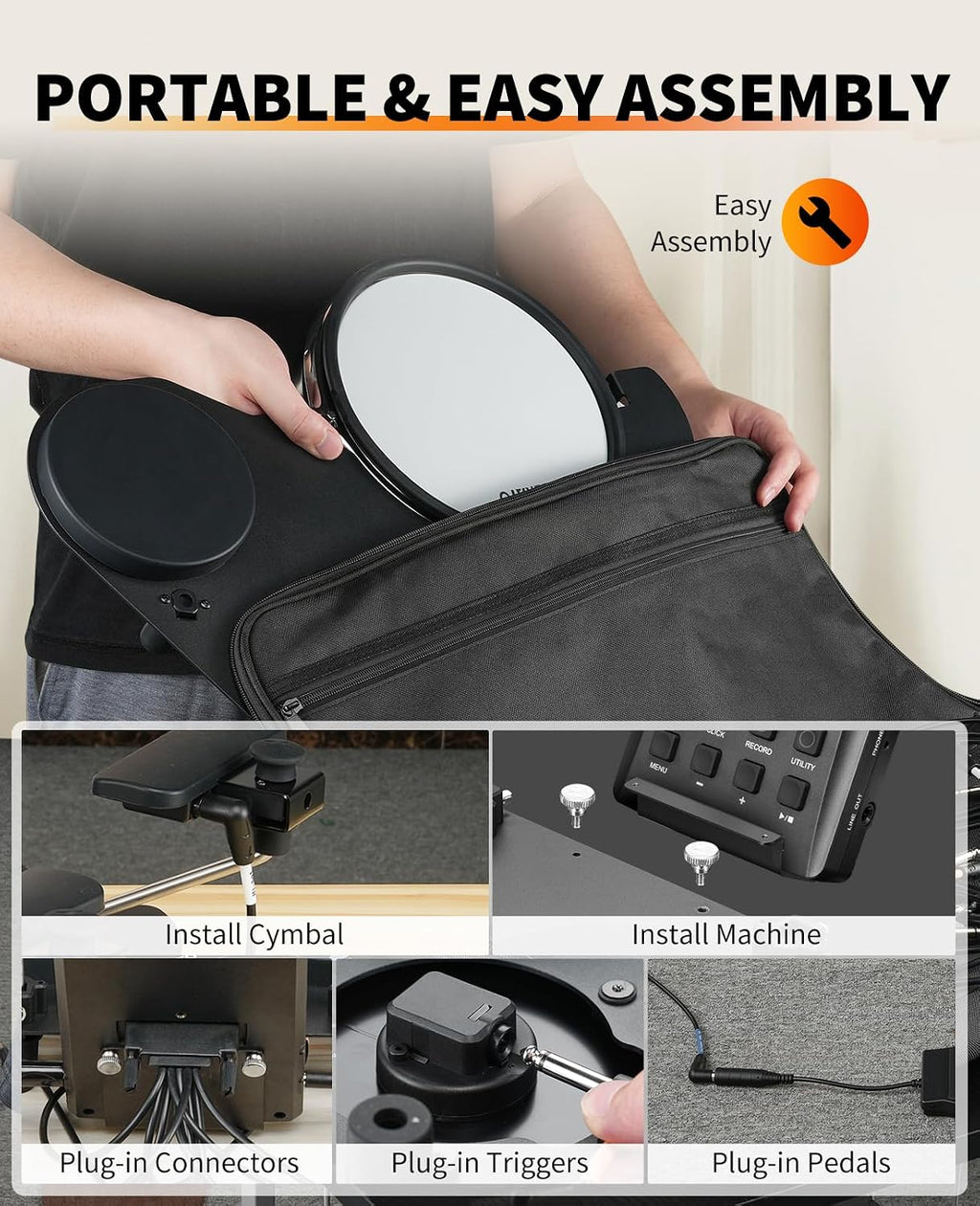 LEKATO Electronic Drum Set, Portable Electric Drum Set for Beginner with Quiet Mesh Snare Drum Pads, 220+ Sounds, USB MIDI, 2 Switch Pedal, Electric Drum Kit with Sticks, Travel Bag
