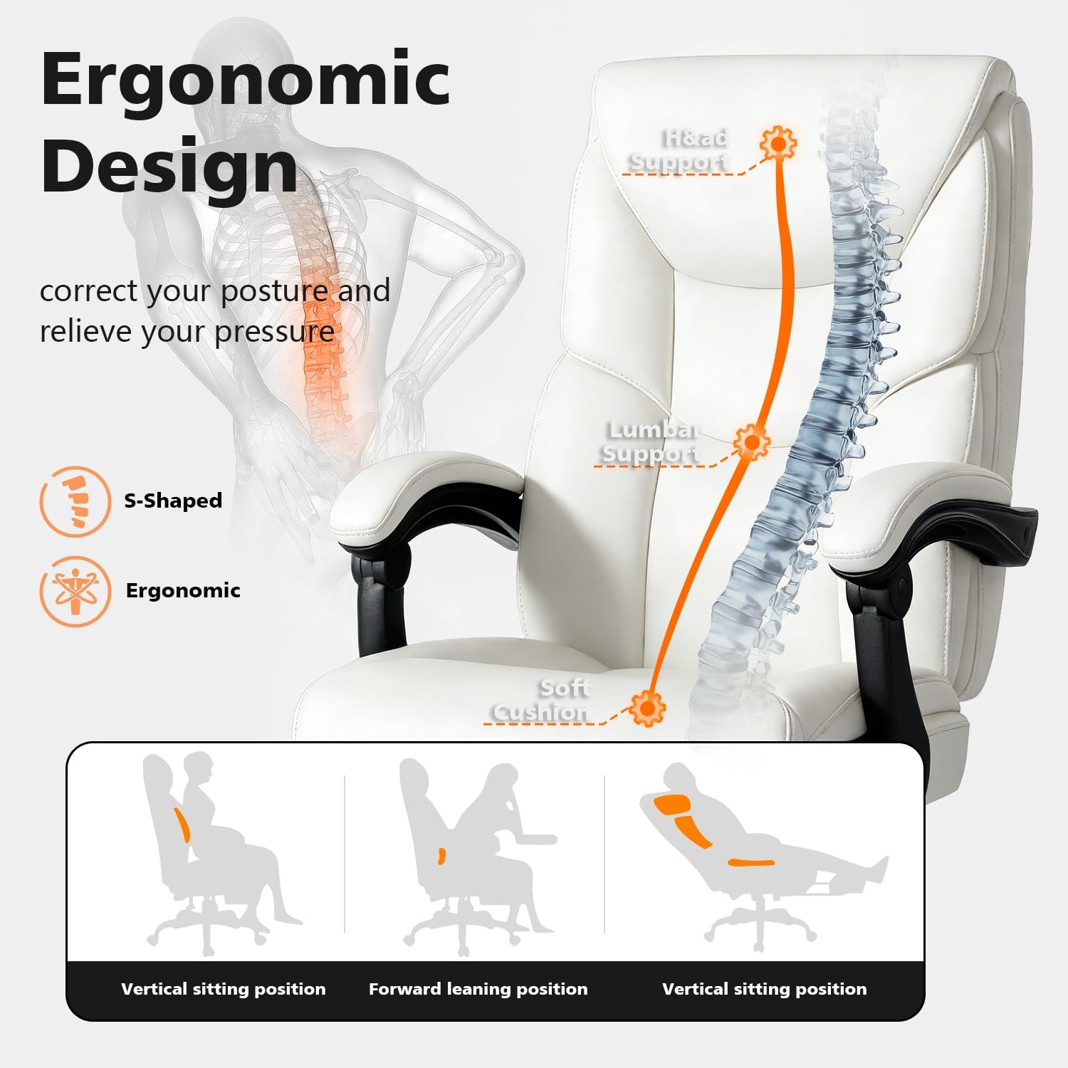 WAILOR 400lbs Office Chair with Foot Rest, Reclining Big and Tall Office Chair with Lumbar Support, High Back PU Leather Computer Chair,Comfy Desk Chair for Home Office (Casual) (White)