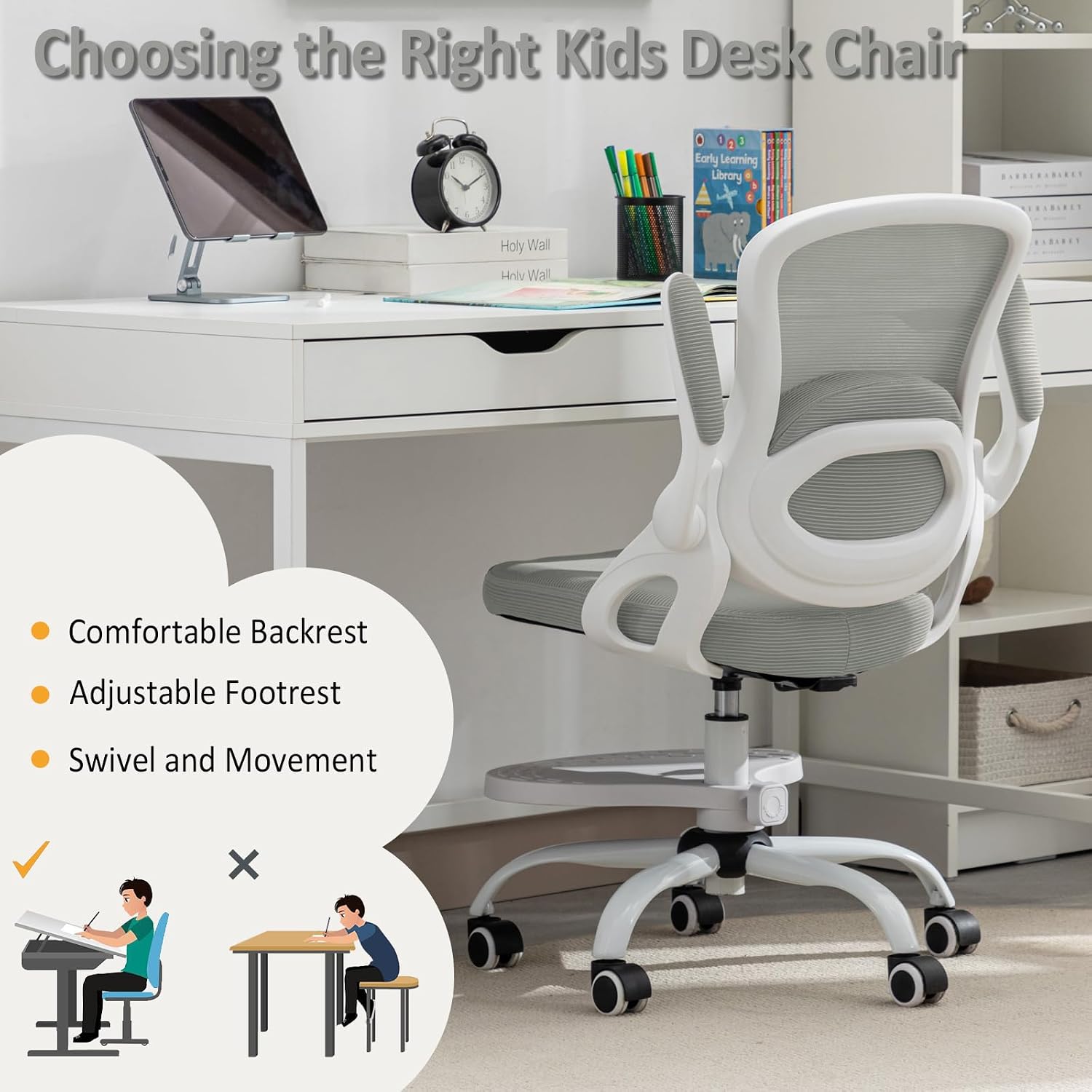 Kids Desk Chair,Ergonomic Study Chair with Adjustable Height,Swivel Mesh Desk Chair with Wheels,Home Office Chair for Children in Home Bedroom Grey
