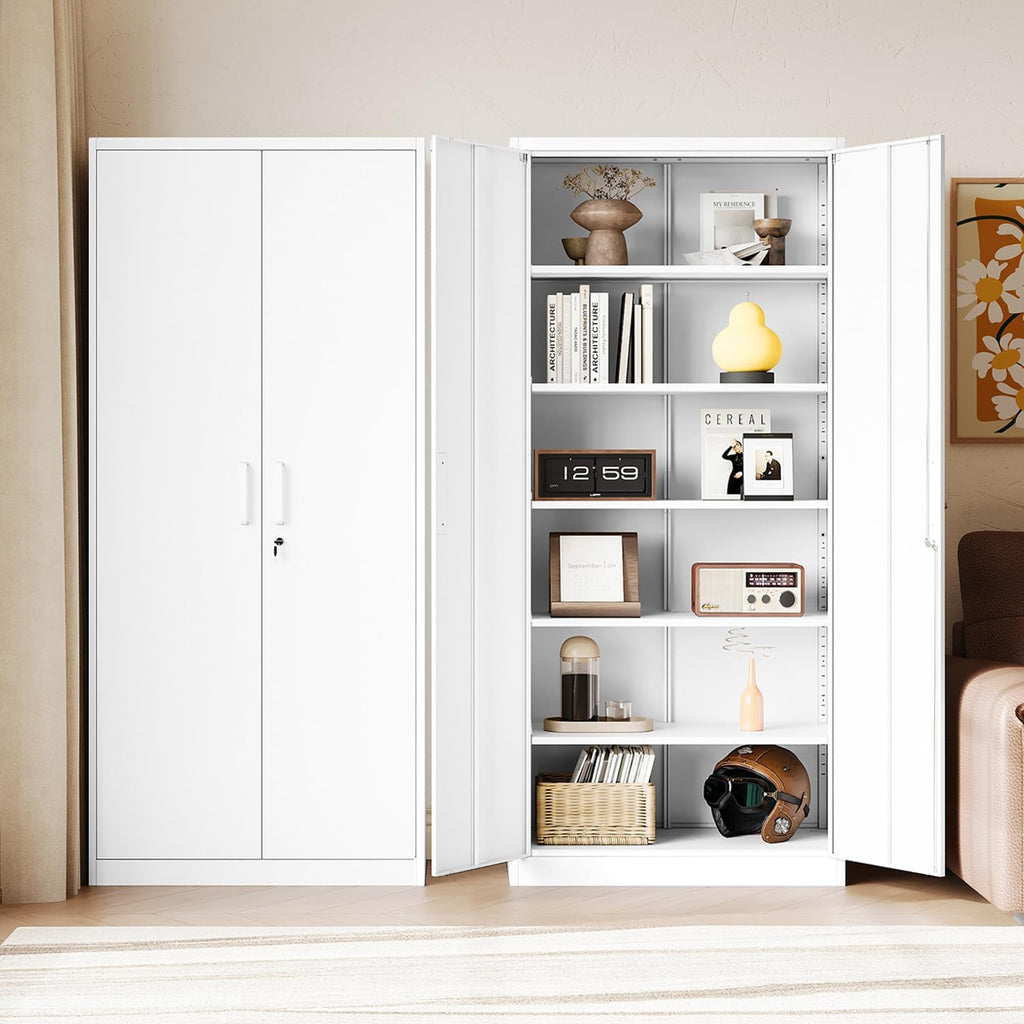 Letaya Metal White Storage Cabinet with Lock-71 Tall Metal Pantry Cabinets,5 Adjustable Shelves and Door for Home,Office,Kitchen,Warehouse,Utility Room(White)