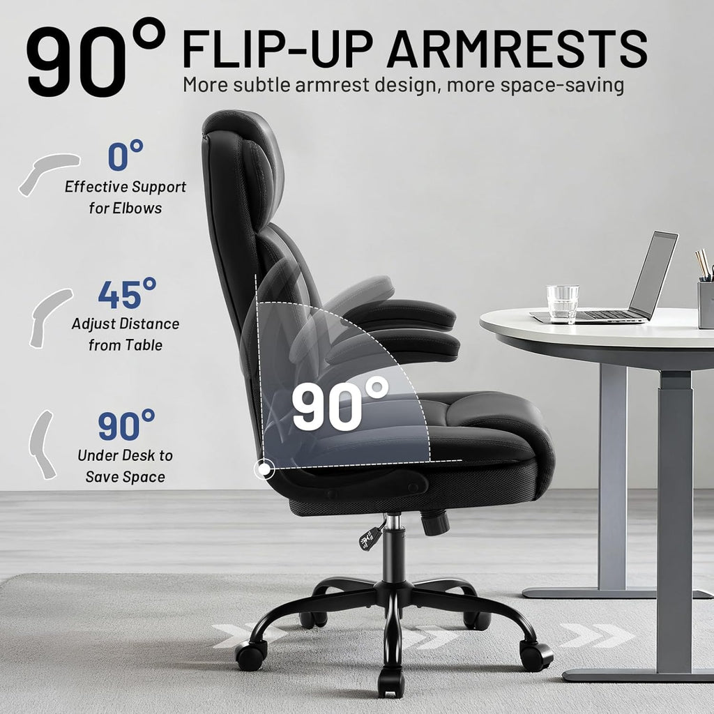 AreShark Ergonomic Office Chair with High Back Headrest,PU Leather Executive Desk Chair Padded Flip-Up Armrests,Lumbar Support,Swivel Computer Chair for Home Office & Gaming,Black