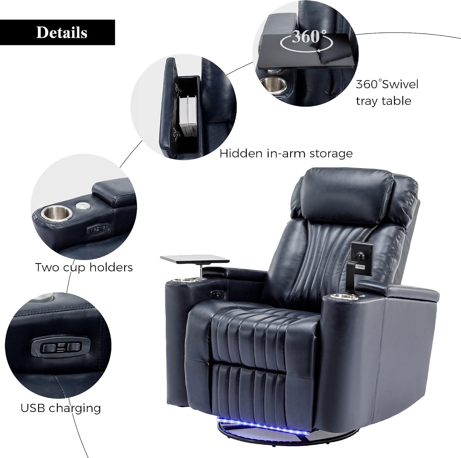 Merax 270 Degrees Power Swivel Recliner,Home Theater Seating with Hidden Arm Storage and LED Light Strip,Cup Holder,360 Degrees Swivel Tray Table,and Cell Phone Holder,Soft Living Room Chair,Blue