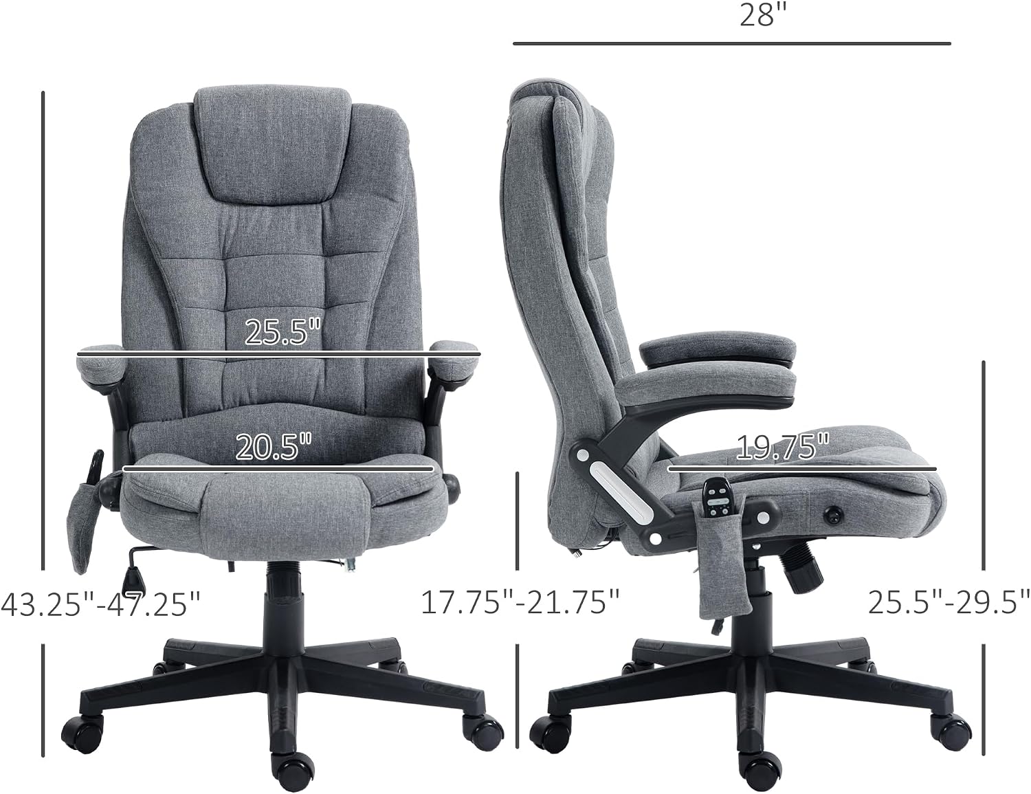 Vinsetto 6 Point Vibrating Massage Office Chair with Heat, Linen High Back Executive Office Chair with Reclining Backrest, Padded Armrests and Remote, Gray
