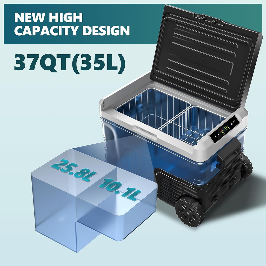 EUHOMY 12 Volt Refrigerator, 37QT(35L) Electric Cooler, Portable Freezer 12V/24V DC 100-240V AC, 12V Fridge -4℉~68℉, 12V Cooler with Wheels & 2 Baskets for Travel, Truck, Boat, Camping
