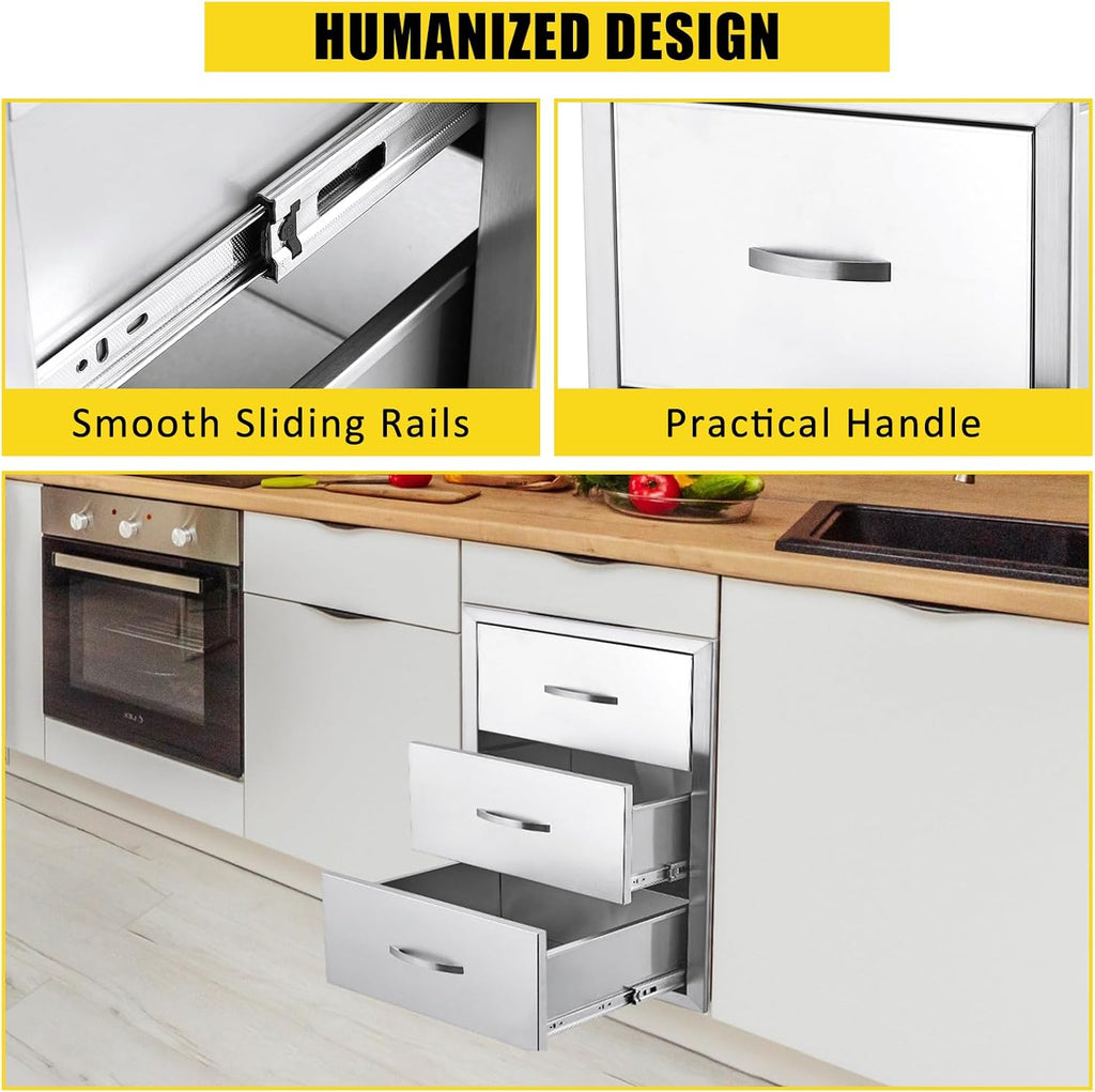 18W x 23D x 23H Inch Outdoor Kitchen Drawers Stainless Steel, Flush Mount Triple Drawers with Stainless Steel Handle, Venting Panel Weatherproof for Kitchen Island Patio, Grill Station