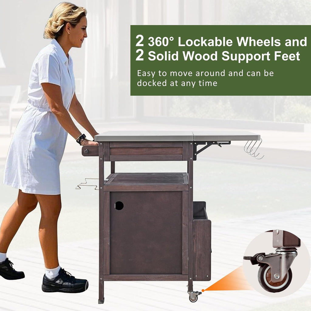 Solid Wood Outdoor Small Grill Table Kitchen Island with Stainless Steel Drop Leaf, Farmhouse Serving Cart with Drawer and Wheels, Outdoor Side Bar Table for Patio, Lawn Garden, Kitchen, Brown