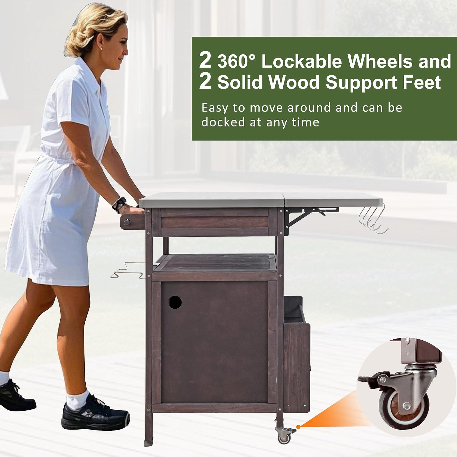 Solid Wood Outdoor Small Grill Table Kitchen Island with Stainless Steel Drop Leaf, Farmhouse Serving Cart with Drawer and Wheels, Outdoor Side Bar Table for Patio, Lawn Garden, Kitchen, Brown