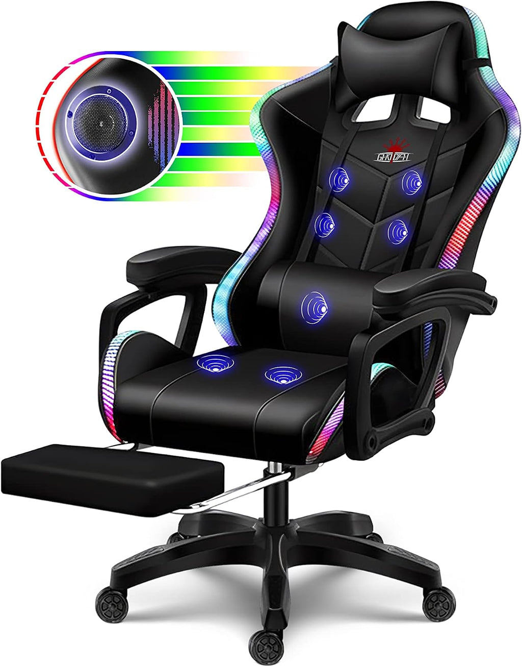 Ergonomic Pro Gaming Chair with LED Lights and Speakers, Video Game Chair with Massage and Footrest, High Back Computer Chair with Lumbar Support and Headrest, Adjustable Height, for Adult Teens.,Bla
