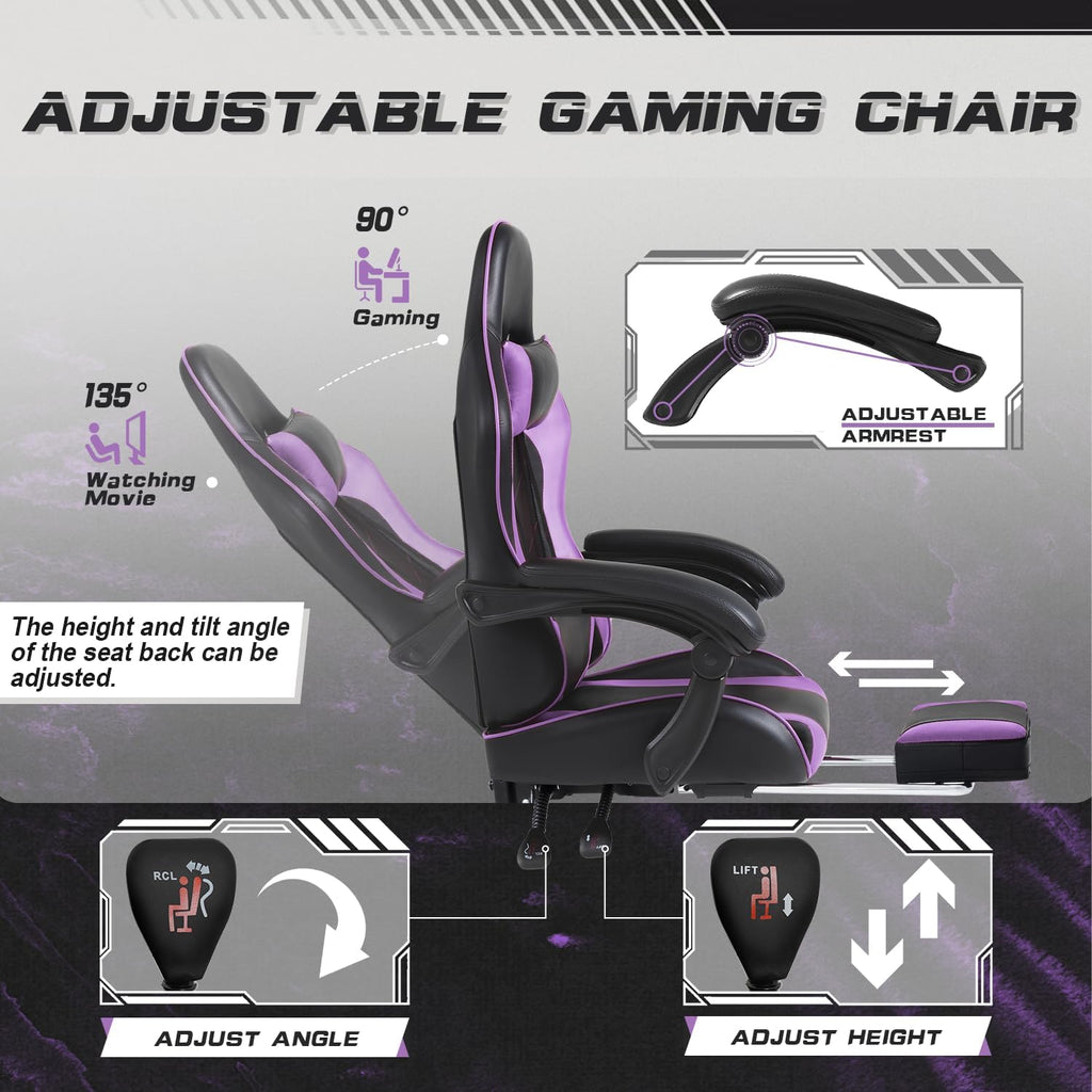 Shahoo Gaming Chair with Footrest and Massage Lumbar Support, Computer Chairs, Video Racing Seat Height Adjustable with 360°Swivel and Headrest for Office or Bedroom, Purple