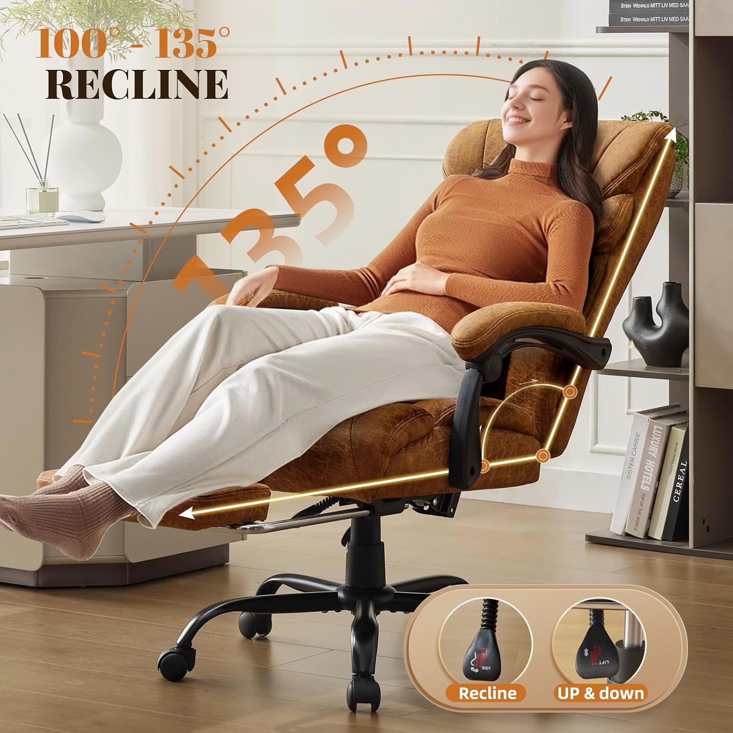 Comfortable Office Desk Chair 500 LBS, Big and Tall Office Chairs with Footrest,90-135°Recline Executive Leather Gaming Chair for Heavy People, Long Hours,Brown