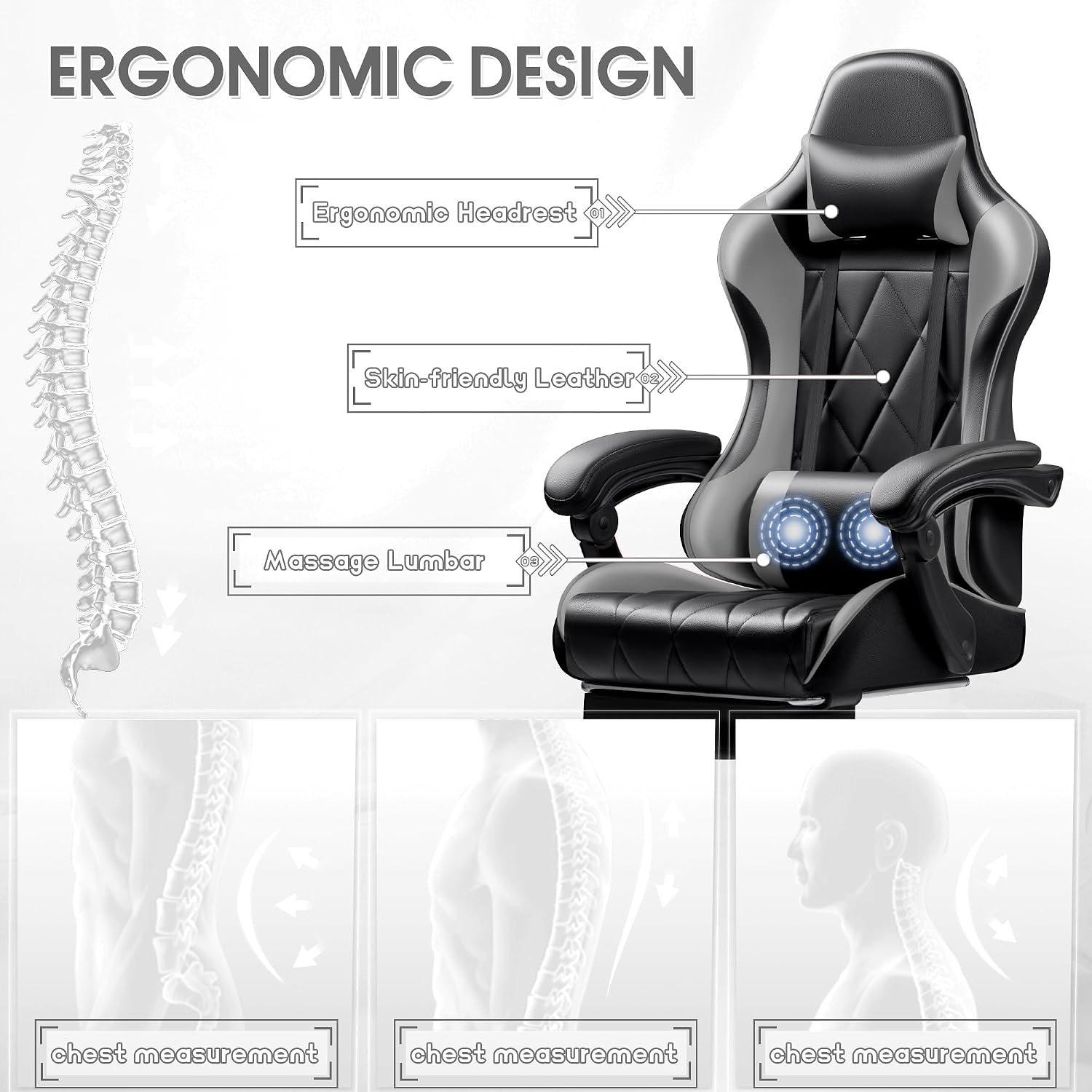 Shahoo Gaming Chair with Footrest and Massage Lumbar Support, Ergonomic Computer Seat Height Adjustable with 360°Swivel and Headrest, Grey1