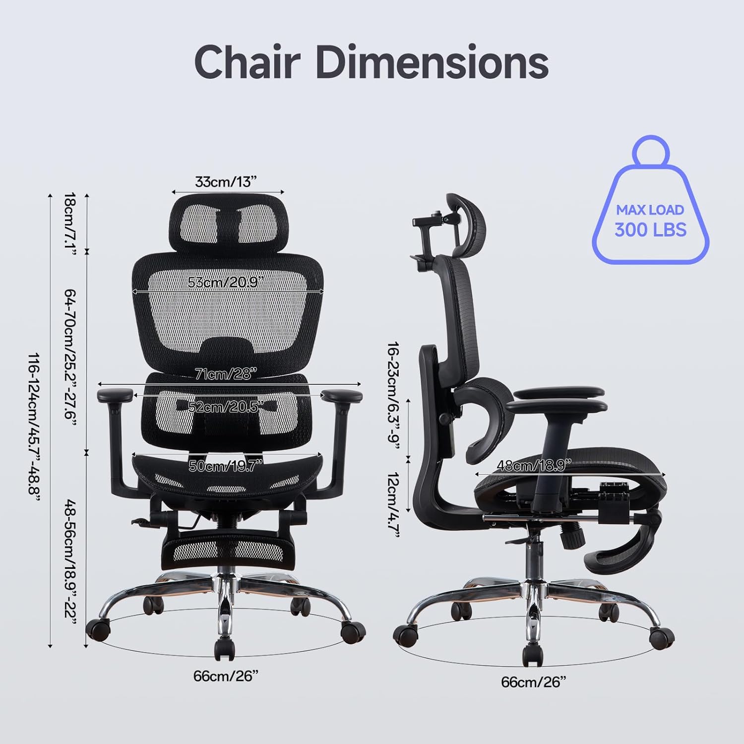 Office Chair with Footrest, Ergonomic Chair with 3D Headrest, Computer Chair with Adjustable Backrest & 3D Armrest, Gaming Chair with Adaptive Lumbar Support, Mesh Backrest & Cushion, Black