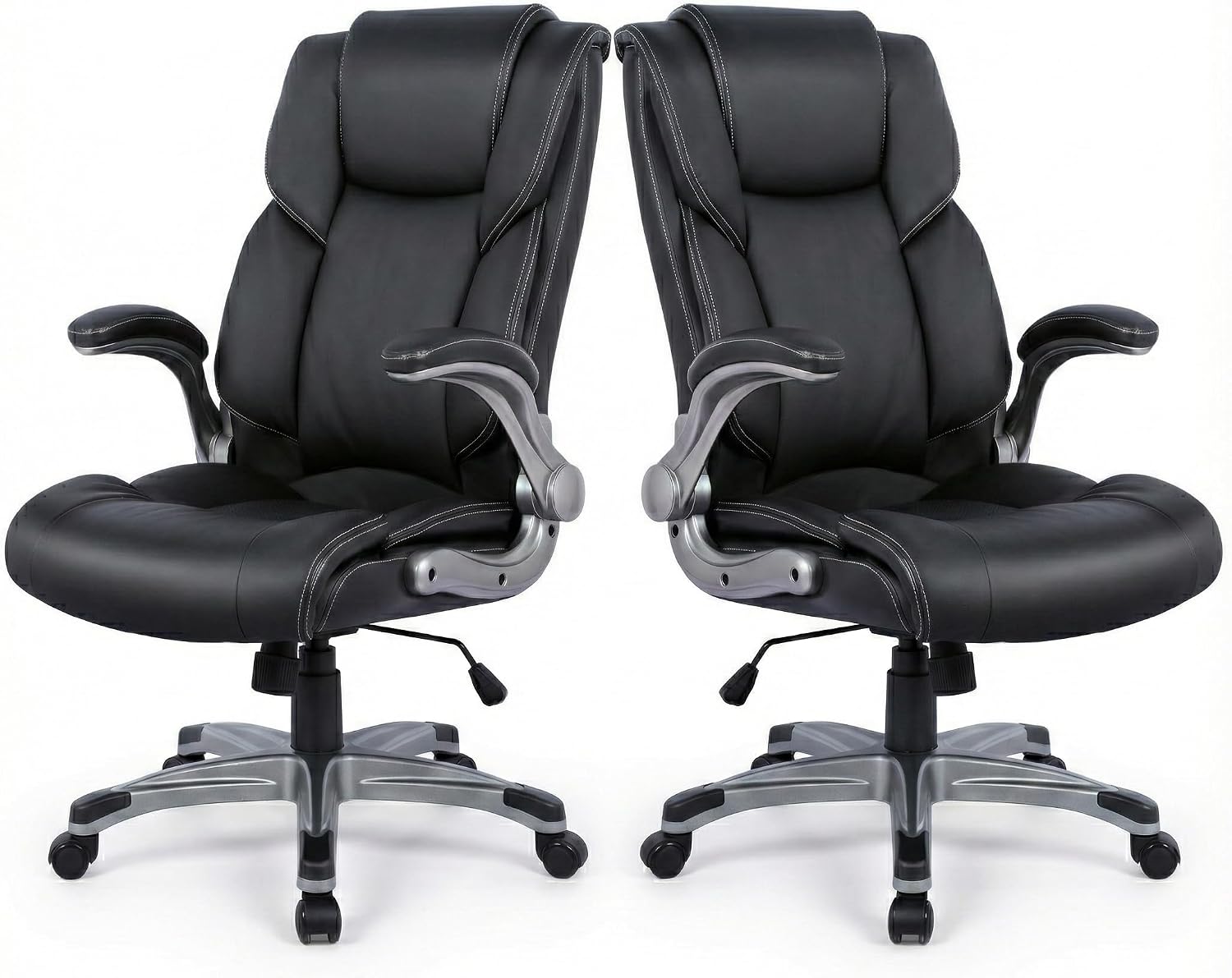 Ergonomic Executive Office Chair with Lumbar Support, Flip-Up Arms, Bonded Leather High Back Desk Chair for Home Office & Workstation, Comfortable Computer Chair for Adults Men Women – Black Set of 2
