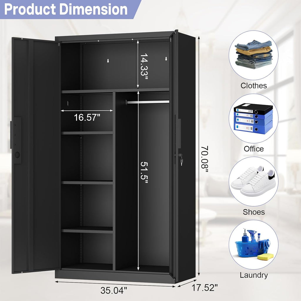 IRONFFICE Metal Storage Cabinet,Steel Armoire Wardrobe Closet with Adjustable Shelves,Hanging Rod,Almirah for Clothes,Locking Wardrobe Cabinet for Bedroom,Home,Black