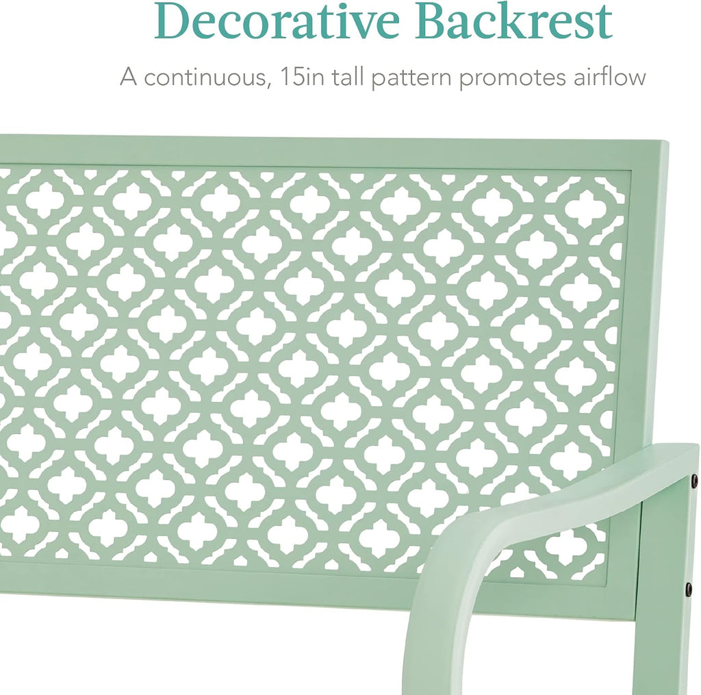 Best Choice Products Outdoor Bench 2-Person Metal Steel Benches Furniture for Garden, Patio, Porch, Entryway w/Geometric Backrest, 790lb Capacity - Mint Green