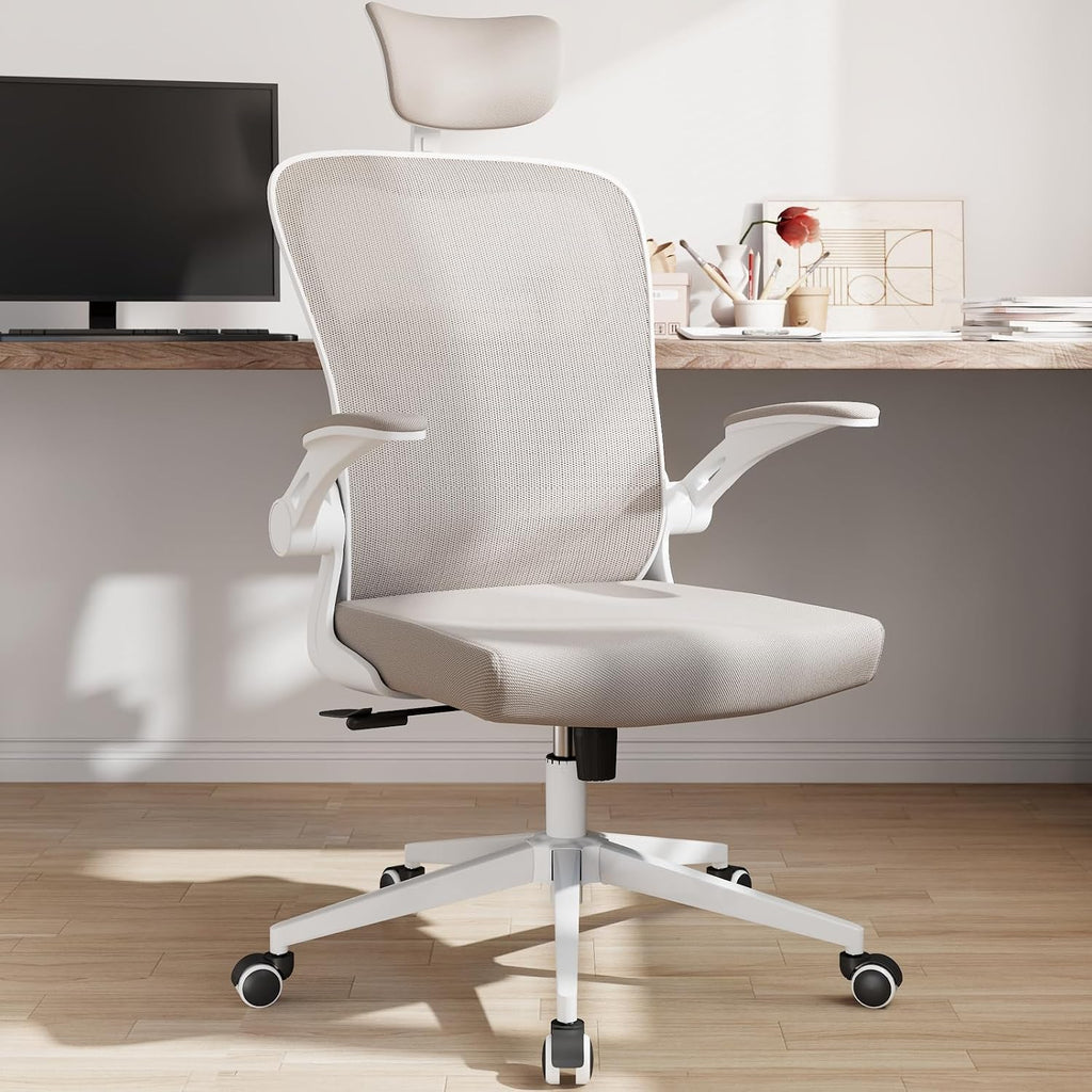 Office Chair Ergonomic Desk Chair with Lumbar Support&Headrest&Flip-up Arms Height Adjustable Rocking Swivel High Computer Chair Multi-Angle from 90° to 125° with 350LBS Capacity(White+Khaki-2)