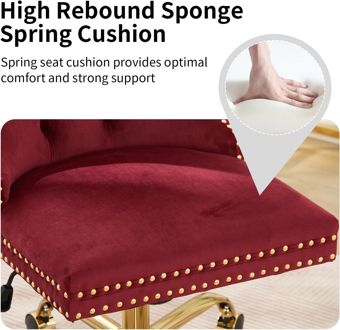 Velvet Home Office Chair with Wheels & Gold Base, Cute Makeup Vanity Chair with Tufted Back for Bedroom, Upholstered Adjustable Swivel Comfy Desk Chair for Girls Women, Burgundy