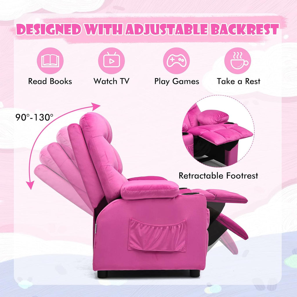 MAT EXPERT Kids Recliner, Velvet Adjustable Reading Chair w/ 2 Cup Holder, 3 Side Pocket Storage & Footrest, Kids Couch Gaming Chair, Toddler Lounge Chair for Boys Girls, Kids Room Playroom (Pink)