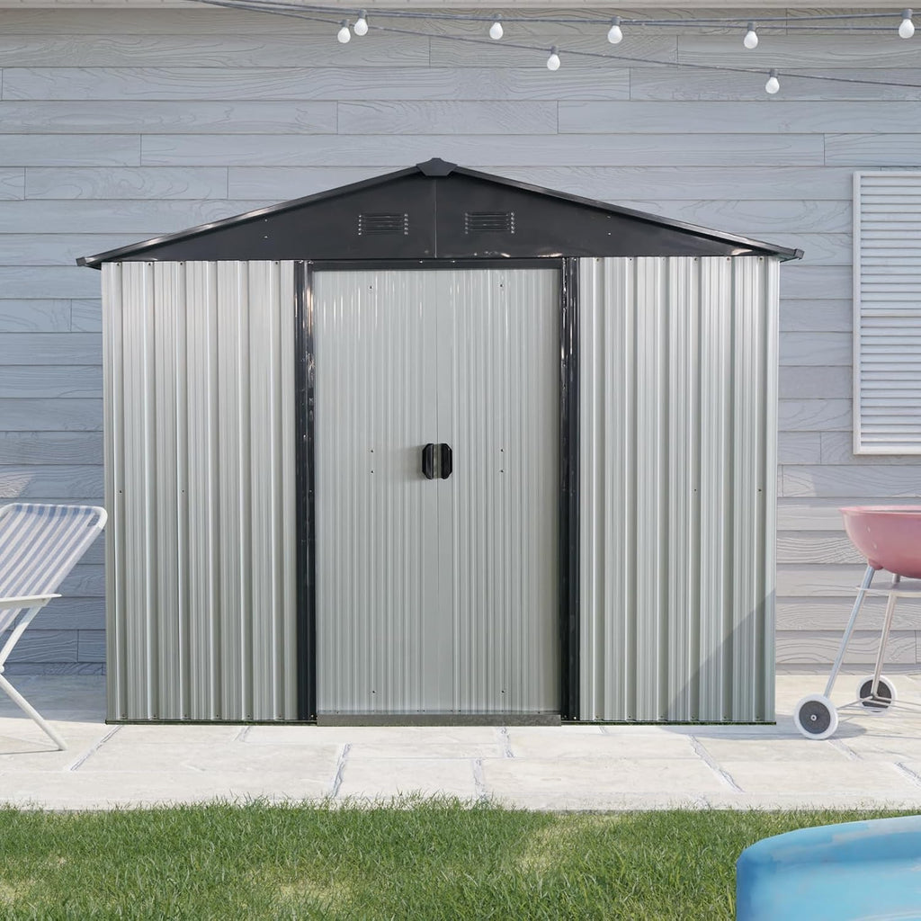 8ft 4ft Outdoor Metal Storage Shed with Sliding Door & Foundation – Durable, Weather -, Lockable for, Tools & Equipment