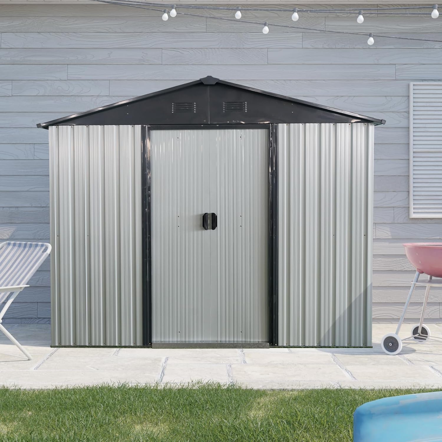 8 x 4 FT Outdoor Storage Shed, Metal Garden Shed with Floor Frame, Tool Shed Outdoor Storage with Lockable Sliding Doors & Air Vents, Storage House Waterproof for Backyard, Lawn, White and Black