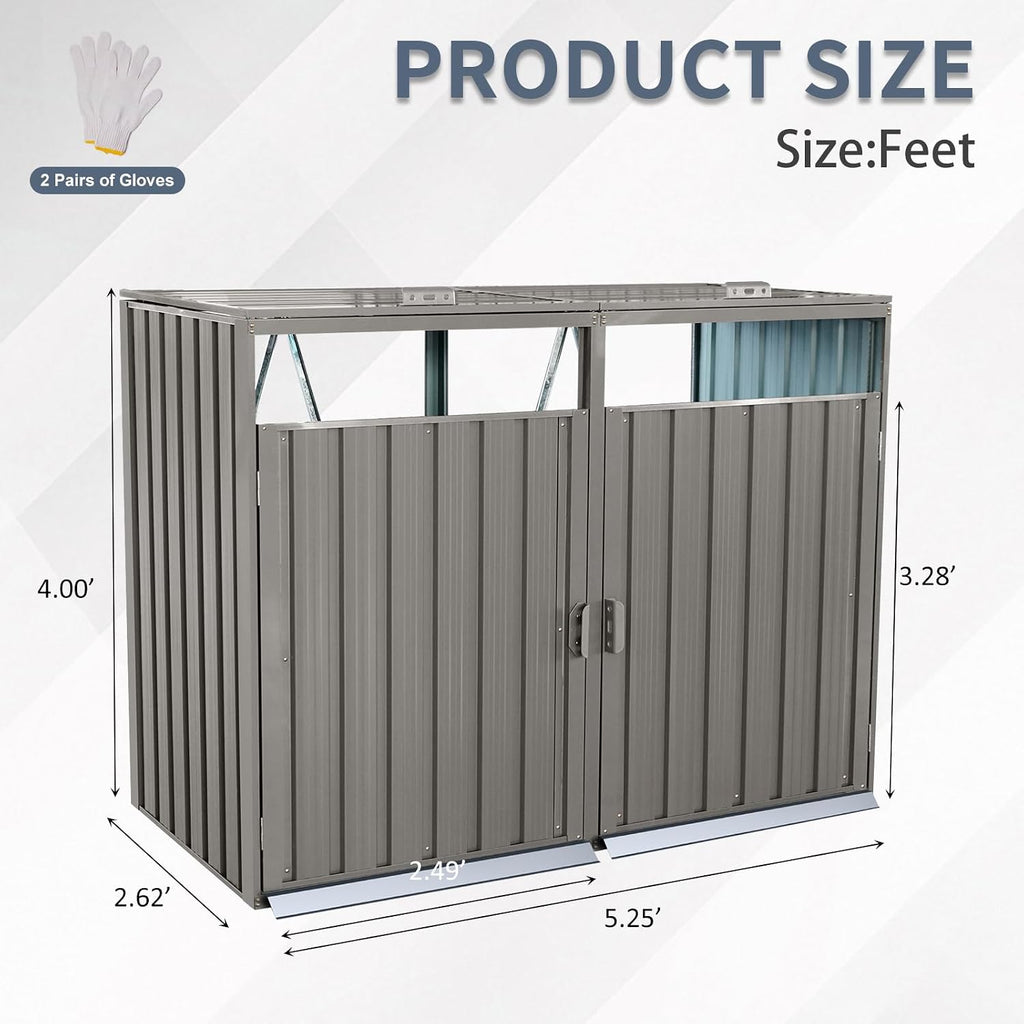 Outdoor Trash Can Storage, Storage Shed for 2 Trash cans and Tools,Waterproof Garbage Bin shed,Metal Trash Can Storage Shed Outdoor for Garden Yard(Light Grey-2 Doors)