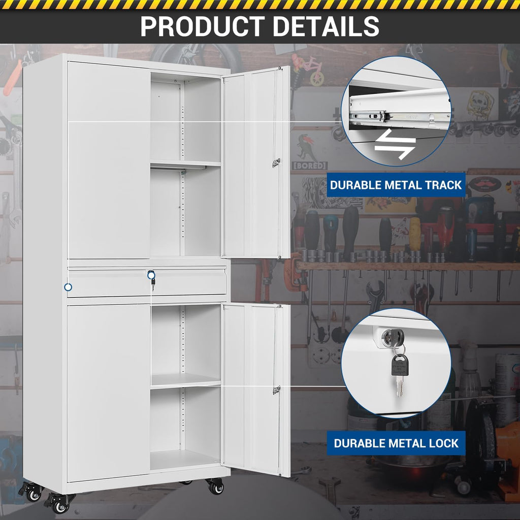 Fesbos 73' Metal Cabinet-White Heavy Duty Rolling Storage Cabinet Steel Tool Cabinets with Wheels, Shelves, Lockable Doors and Drawers- for Garage, Pantry, Warehouse Home Office- Assembly Required