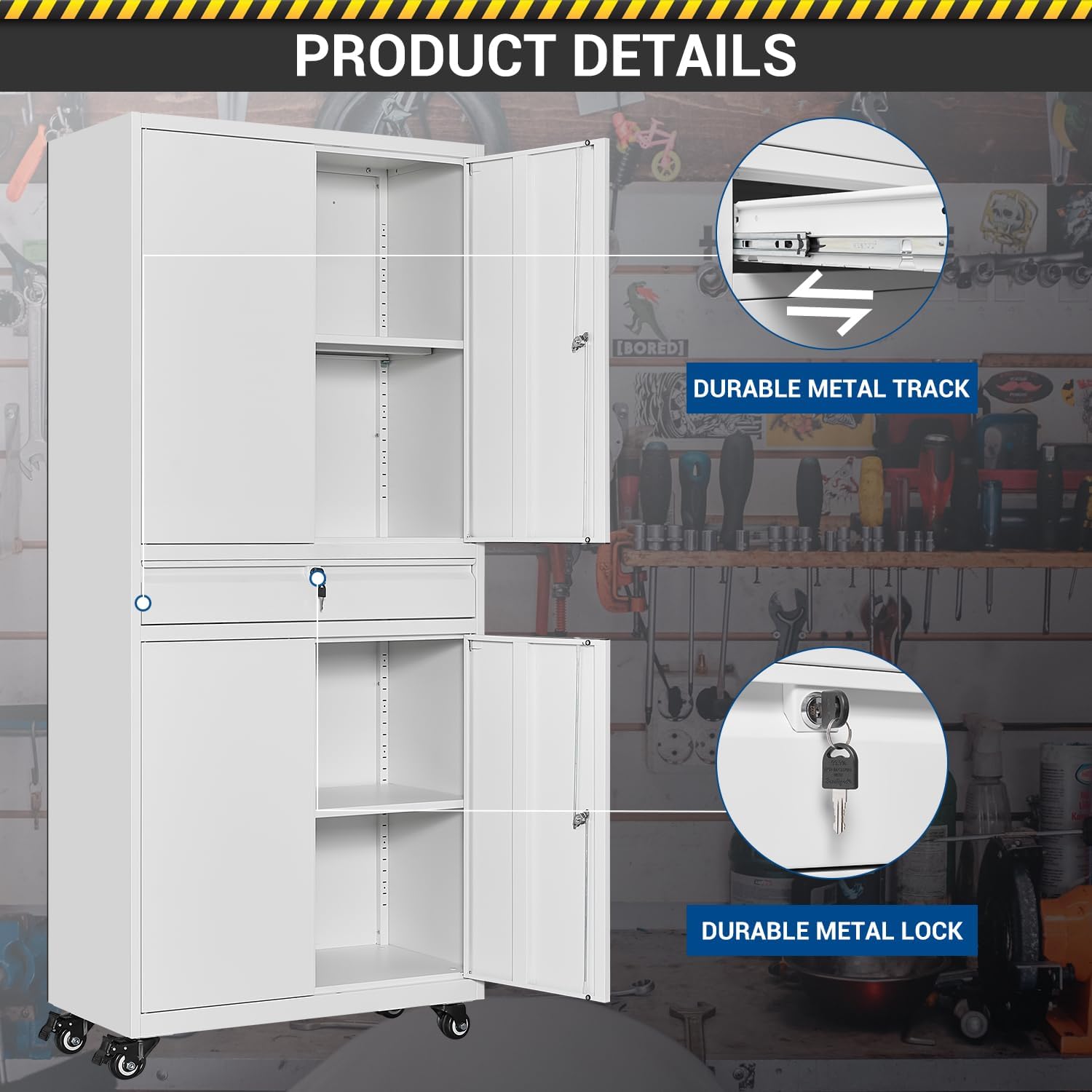 Fesbos 73' Metal Cabinet-White Heavy Duty Rolling Storage Cabinet Steel Tool Cabinets with Wheels, Shelves, Lockable Doors and Drawers- for Garage, Pantry, Warehouse Home Office- Assembly Required