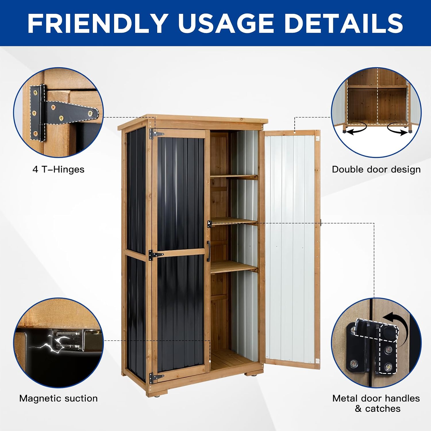 Outdoor Storage Cabinet Wood & Metal with Waterproof Roof, Garden Tool Shed with 3 Removable Shelves, 4 adjustable reinforced feet with metal brackets, 6 T-Hinge, magnetic door,15.6'D x 32.3'W x 66'H