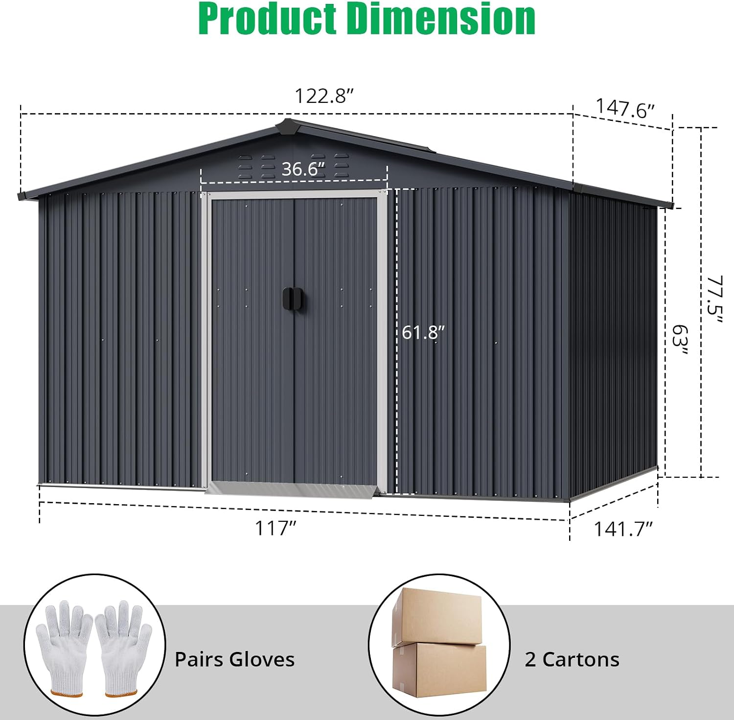 Acekool 10x12 FT Outdoor Metal Storage Shed, Large Garden Tool Shed with Lockable Door and Vents, Waterproof Galvanized Metal Sheds for Tools & Equipment, Garbage Can, Bike, Mower, Gray