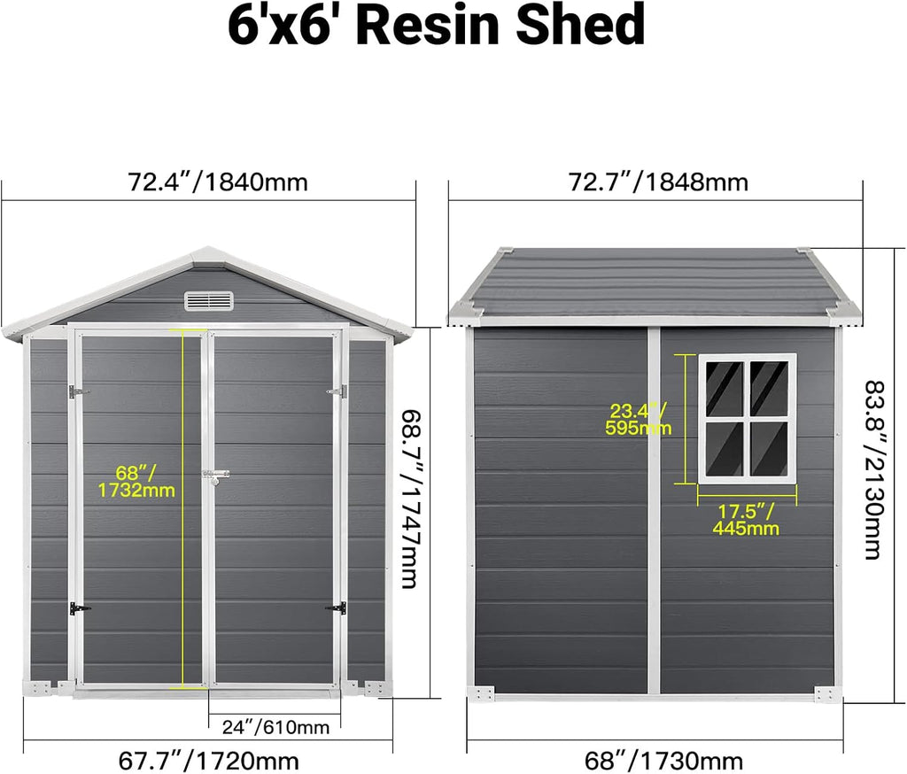 KEIKI 6x6 FT Plastic Outdoor Storage Shed, Outdoor Garden Shed with Floor & Lockable Door, Tool Shed for Backyard, Lawn, Grey