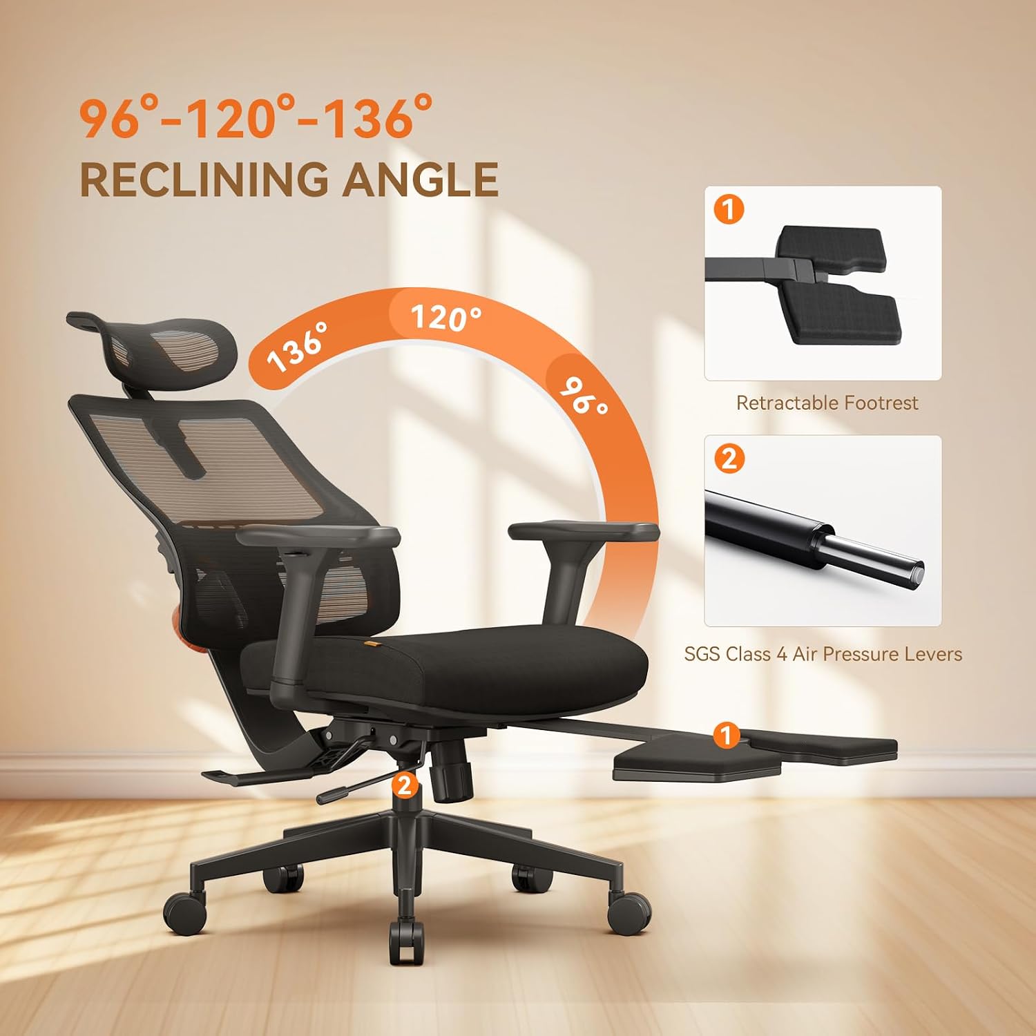 Newtral Office Chair Ergonomic with Footrest, Auto-Following Lumbar Support, High Back Desk Chair with 4D Armrest,136° Tilt Lock, Adjustable Seat Depth & Height (Upgrade with Laptop Tray, Black)