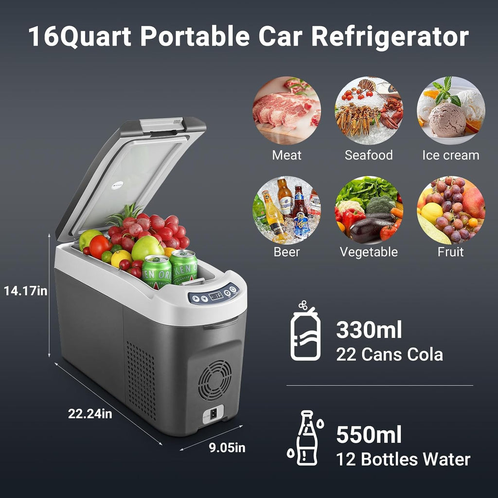 BODEGA BODEGACOOLER 12 Volt Car Refrigerator, Portable Car Fridge, Small Freezer with 12/24V DC(-4℉~68℉), 16 Quart Car Cooler for Outdoor, Vehicles, Camping, Travel