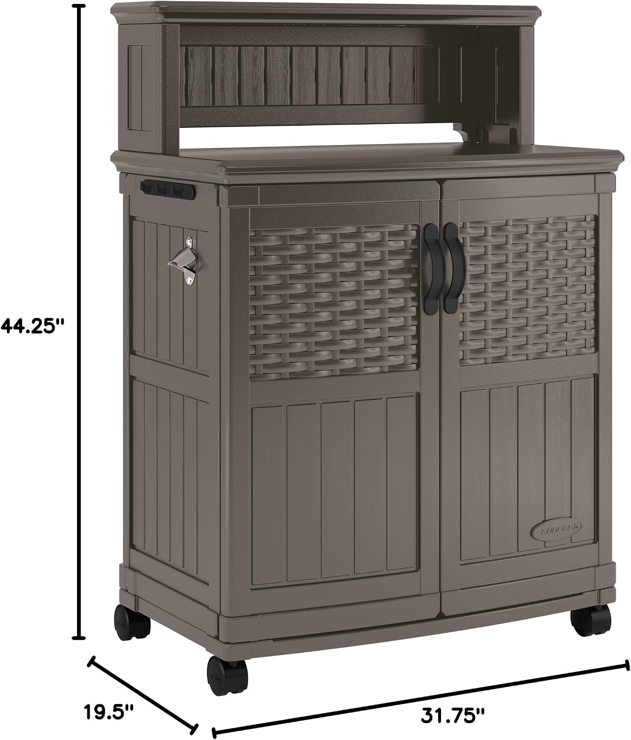 Suncast Patio Storage and Prep Station with 47-Gal. Cabinet, Adjustable Shelf, and Utensil Hooks, Outdoor Rolling Storage Cabinet and Grill Prep Table, Made in The USA
