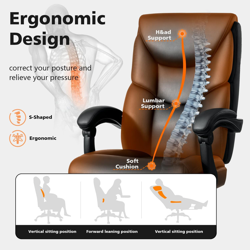 WAILOR 400lbs Office Chair with Foot Rest, Reclining Big and Tall Office Chair with Lumbar Support Spring Cushion, High Back PU Leather Computer Chair,Comfy Desk Chair for Home Office