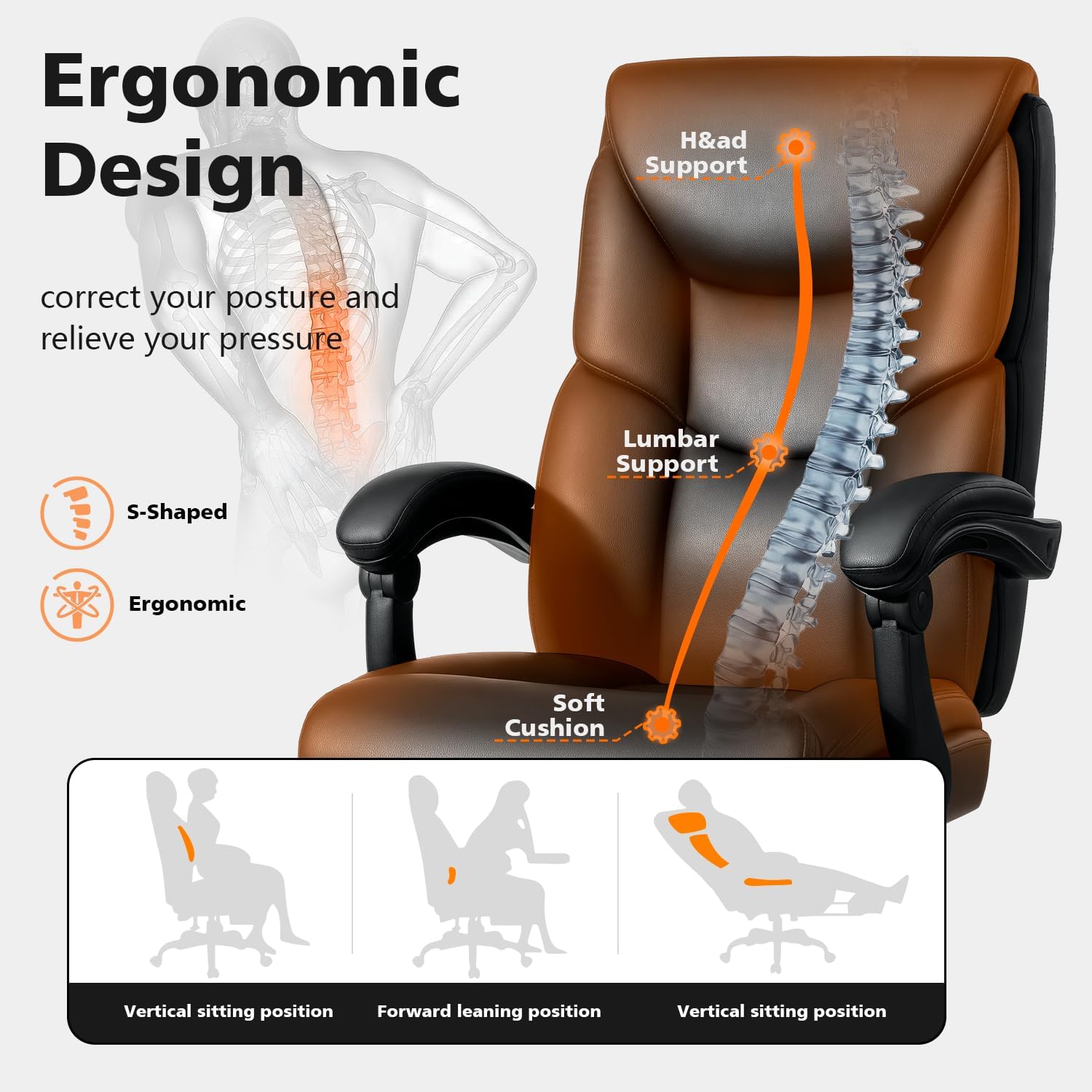 WAILOR 400lbs Office Chair with Foot Rest, Reclining Big and Tall Office Chair with Lumbar Support Spring Cushion, High Back PU Leather Computer Chair,Comfy Desk Chair for Home Office