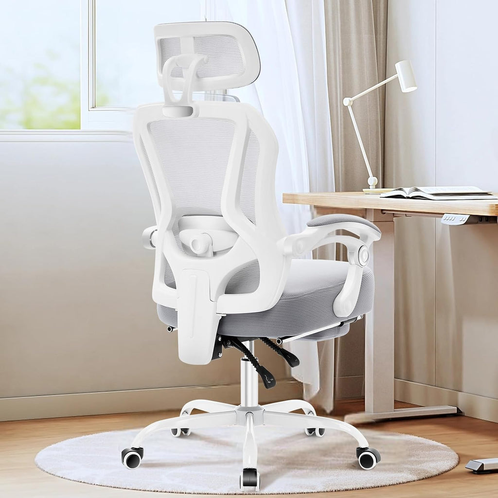 Ergonomic Office Chair with Footrest,Ultra Thick Reclining Office Desk Chair with Adjustable 2D Lumbar Support and Headrest,Spring Cushion,High Back Premium Mesh Computer Chair Office Chairs,Grey