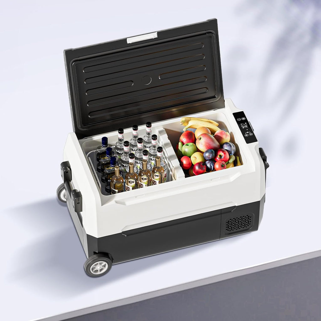 TABU 38QT Portable Car Refrigerator, 12V Dual Zone Freezer& Cooler with 12/24V DC&110/240V AC,-4℉~68℉,Car Fridge with Wheels,Low Noise, for Camping, Travel, RV (Black)