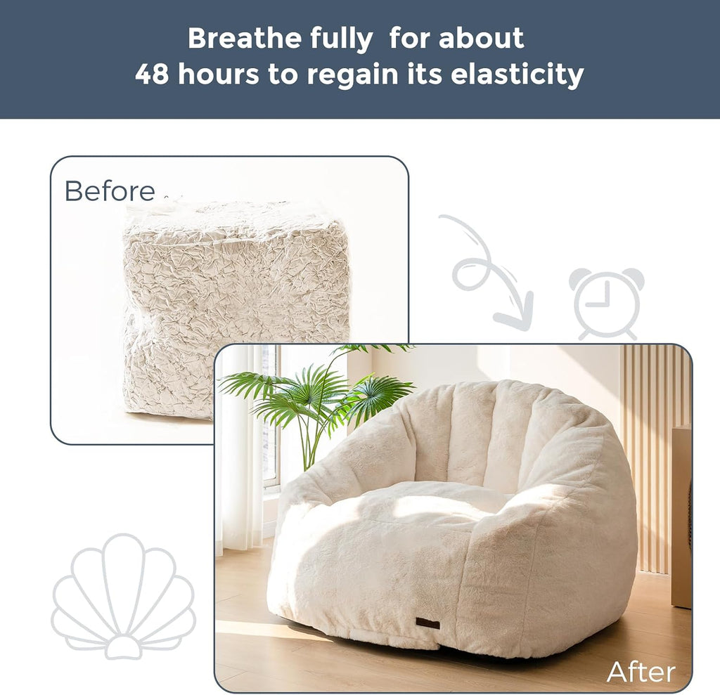 MAXYOYO Giant Bean Bag Chair, Oversized Bean Bag Couch for Adults and Kids, Faux Fur Shell-Shaped Large Chair with Filler, Stuffed Big Accent Sofa Lounge Floor Sofa for Reading, Beige, Standard