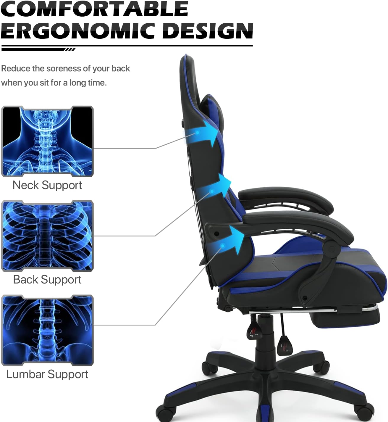 MoNiBloom Gaming Chair with Headrest & Lumbar Support Ergonomic Computer Racing Chair with Footrest, Adjustable Hight Leather Swivel Computer Chair for Adult Teen Office or Gaming, Blue