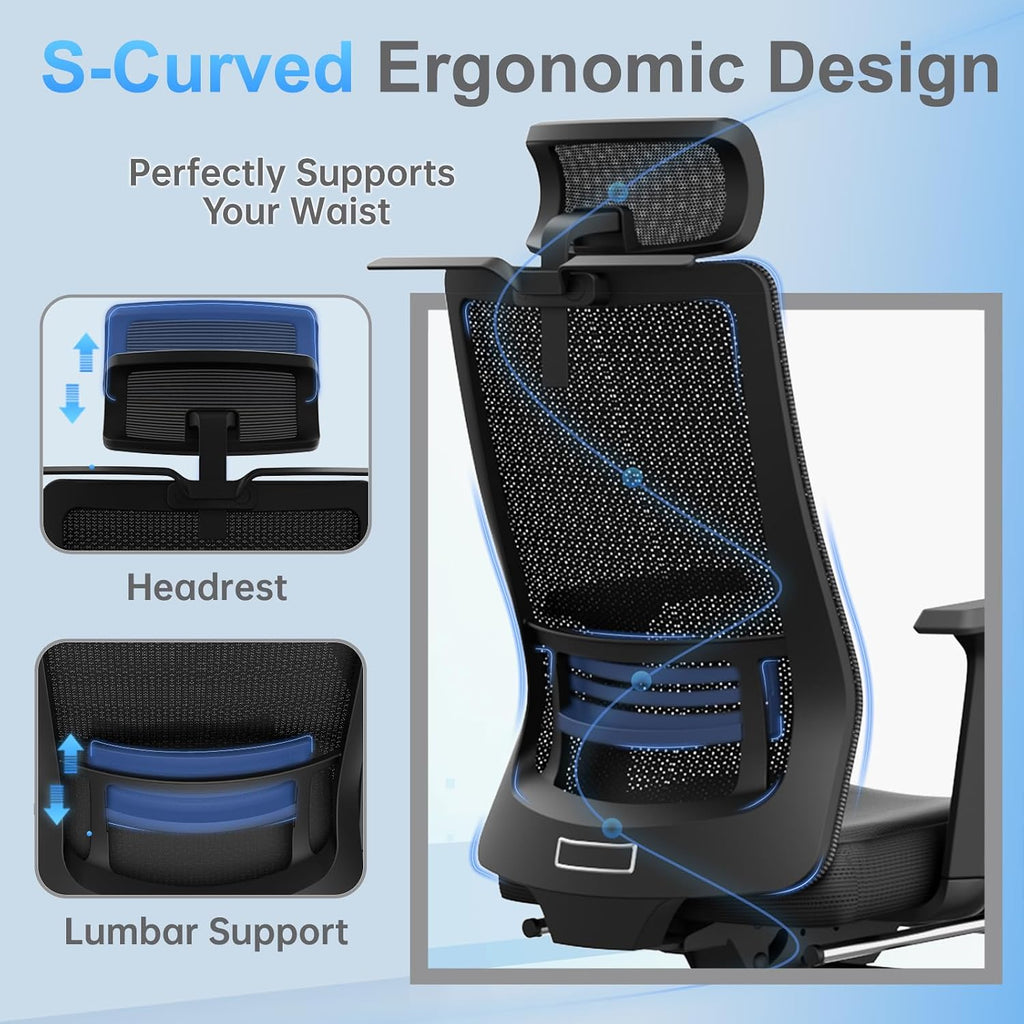 Ergonomic Office Chair with Footrest, 145° Reclining, Adjustable Lumbar & Headrest, 3D Armrests, Silent Casters, Heavy Duty Steel Base, 350 LB Capacity, Swivel Desk Chair for Home Office
