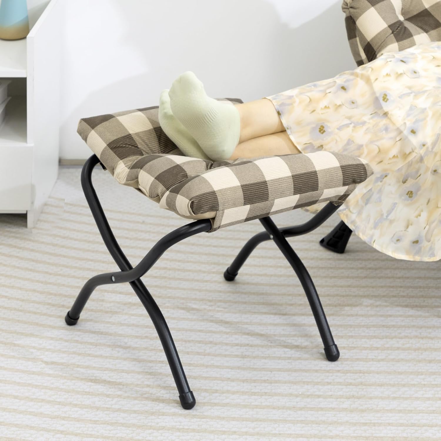 HollyHOME Lazy Chair with Foldable Ottoman, Accent Comfy Lounge Armchair and Folding Footrest Stool, Leisure Sofa Reading Chair and Footstool for Living Room, Bedroom, Dorm,Plaid Pattern