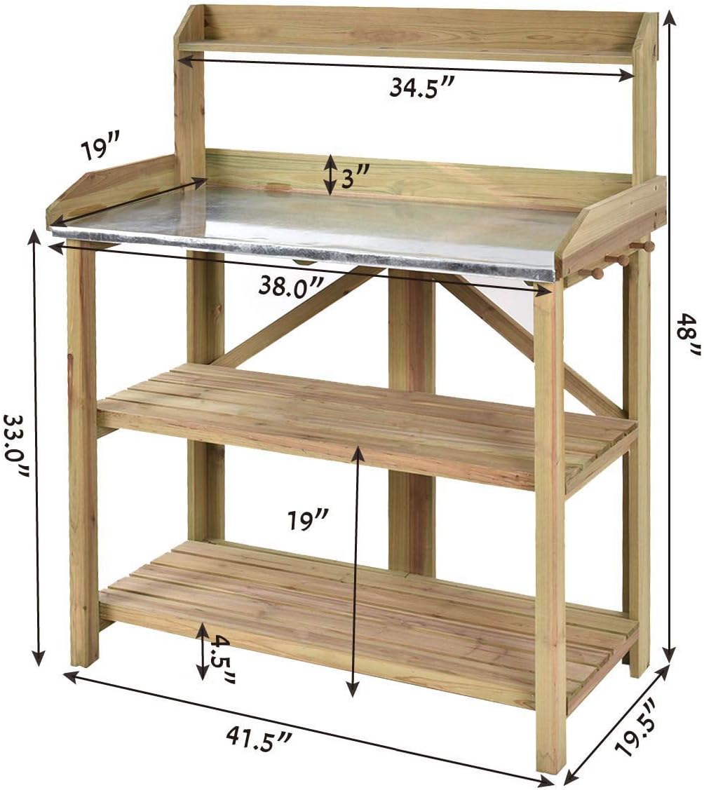 Giantex Garden Potting Bench, Galvanized Steel Top, 6 Hooks, 2 Tier Storage Shelves, Wood Workstation for Indoor Outdoor Gardening Planting Garage Tools, Potted Plant, Worktable 41.5'x19.5'x48'