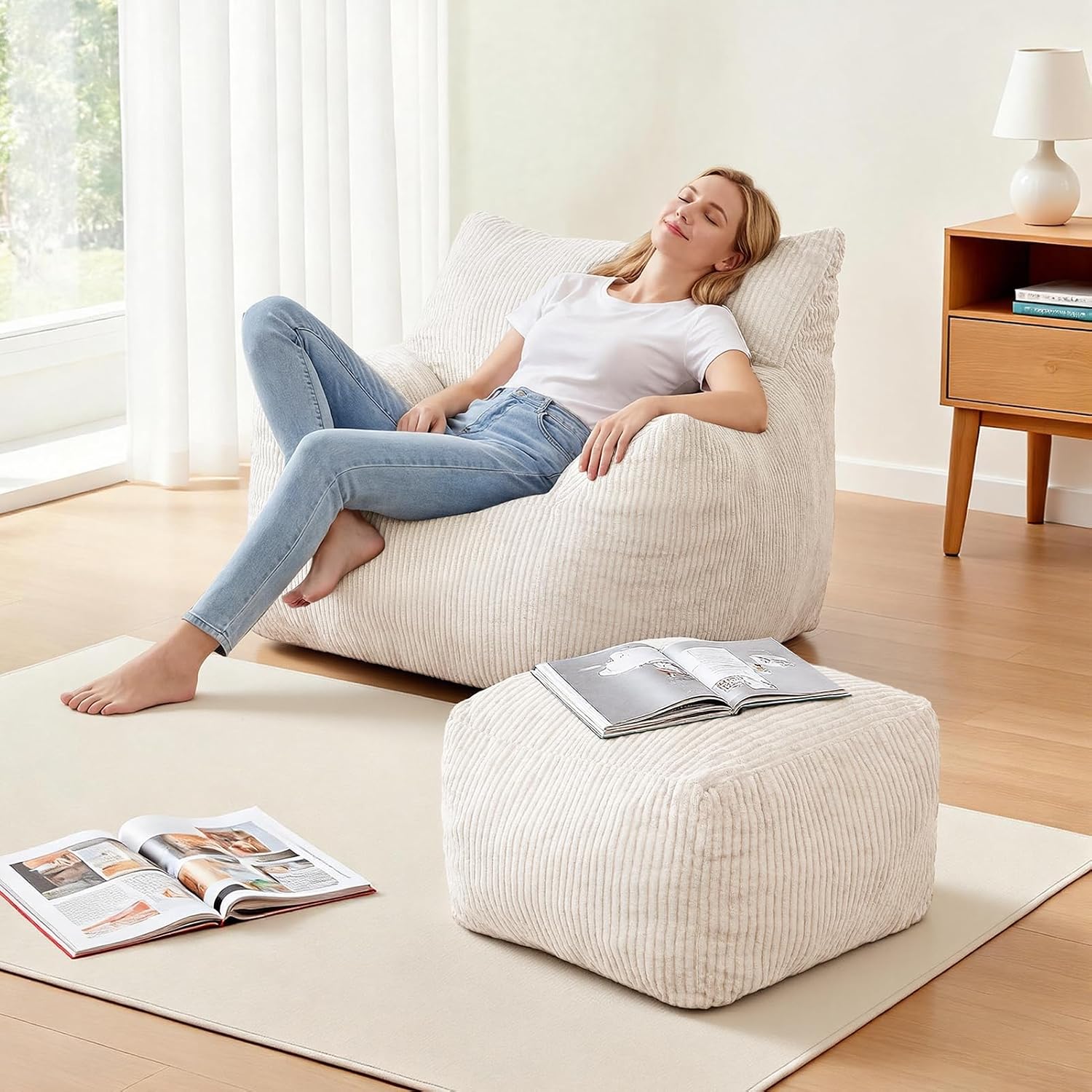 Bean Bag Chair with Ottoman, Cloud Boneless Couch - Oversized Memory Foam Beanbag Set, Ultimate Gift for Adults & Teens, Plush Corduroy Comfy Lounge Sofa for Bedroom, Dorm & Living Room (Beige)