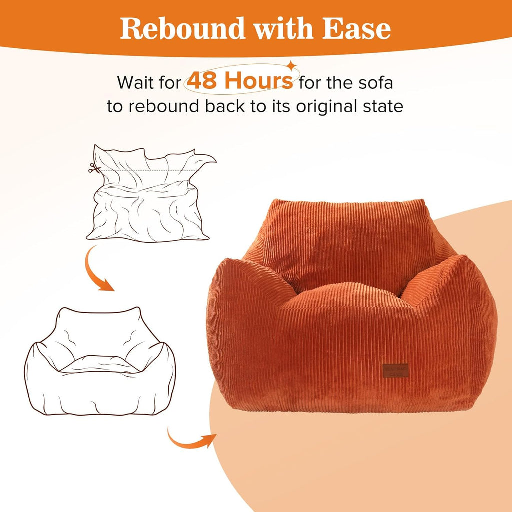 Big Bean Bag Chair for Adults, Ultra Soft Living Room Bean Bag with Armrests, Stuffed BeanBag Chair for Napping, Gaming, Vacuum-Compressed for Easy Gifting, 48 Hours to Fluffs Up, Orange